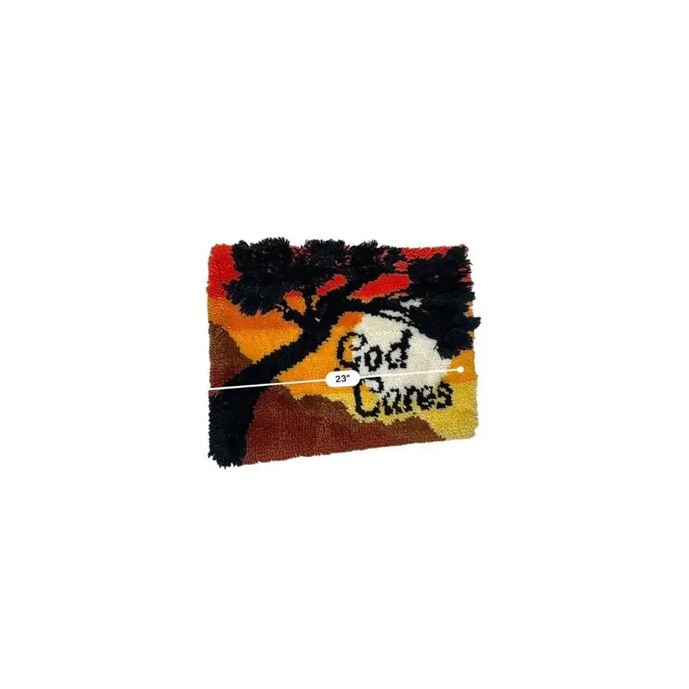 Vintage 70s Latch Hook Wall Decor Big Tree God Cares Pattern 17.5